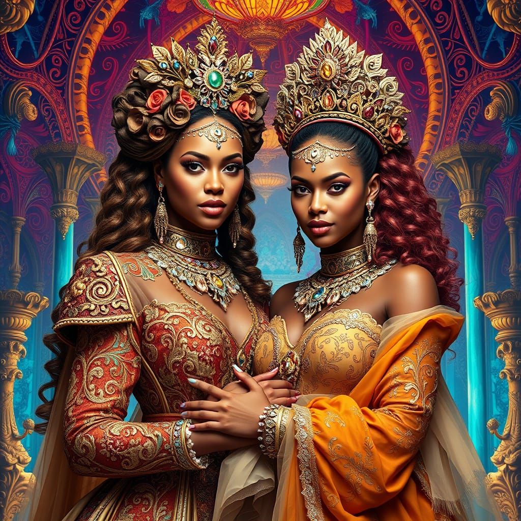Ethereal Mother-Daughter Royalty in Vibrant Fantasy Realm