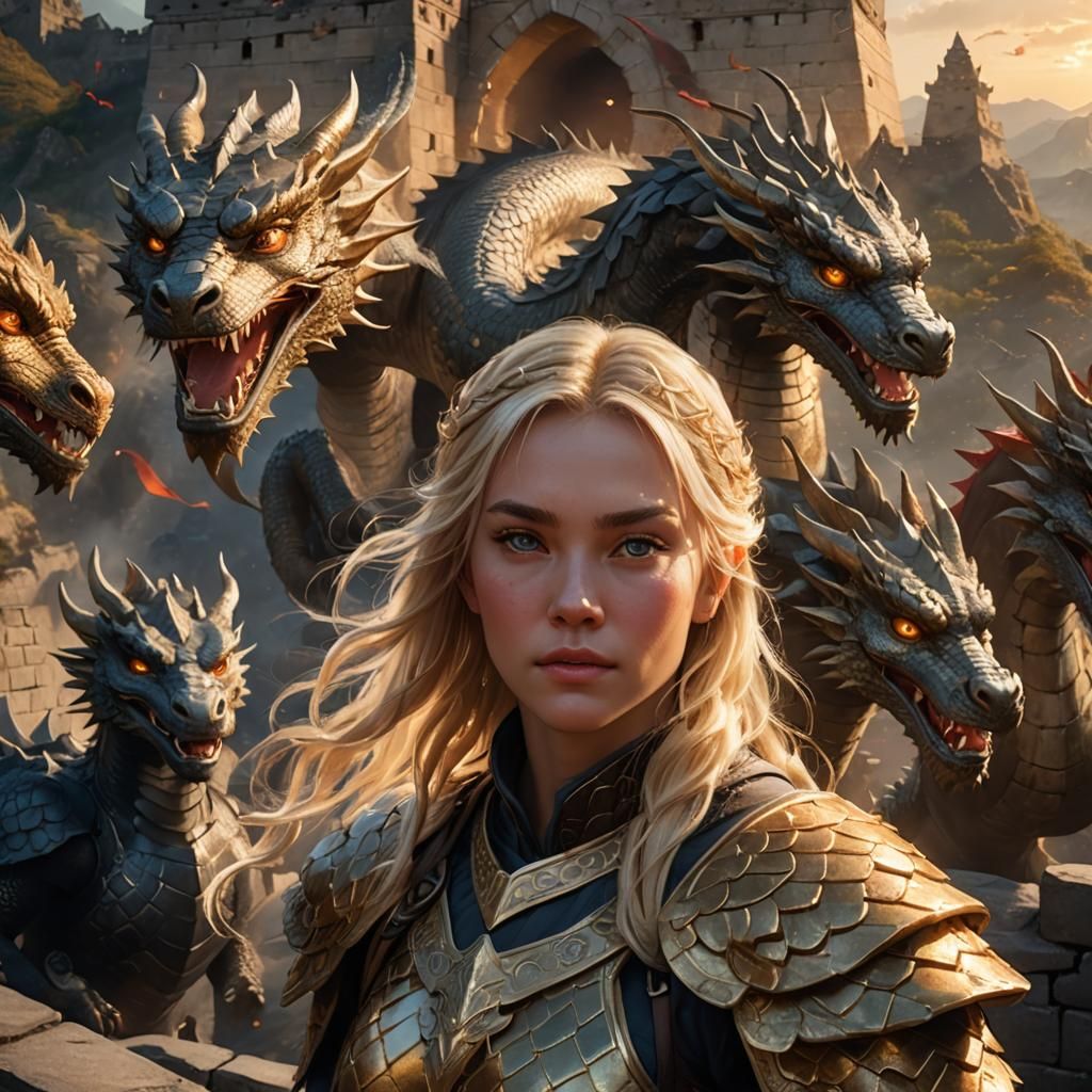 Blond Girl with Dragons on Great Wall: Fantasy Art