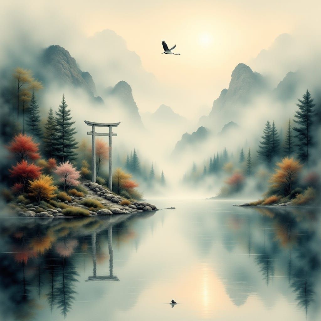 Mountain Lake Crane in Antique Watercolor Style