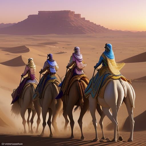 Queens Travel Wadi on Camels in Vivid Sunset