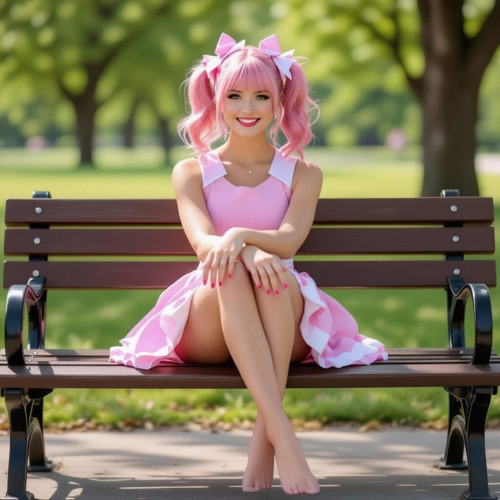 Pink Haired Cheerleader on Park Bench, Feet Focus