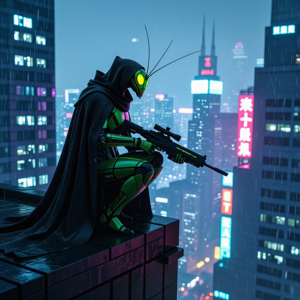 Cyberpunk Praying Mantis Assassin in Bioluminescent Cityscap...