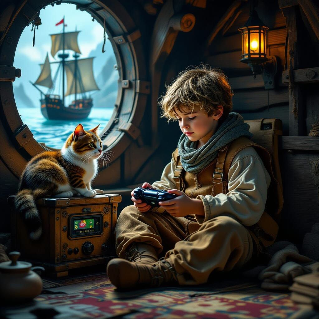 Boy and Cat in Mystical Chamber, Dark Fantasy Art
