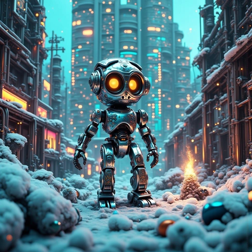 Cyberpunk Cityscape with Robot Sanitation Worker in Icy Exos...
