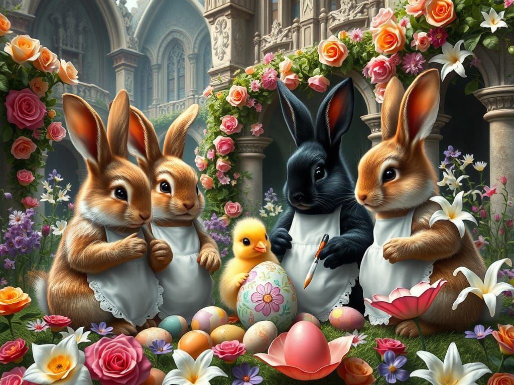 Bunnies Painting Easter Eggs in Fairytale World