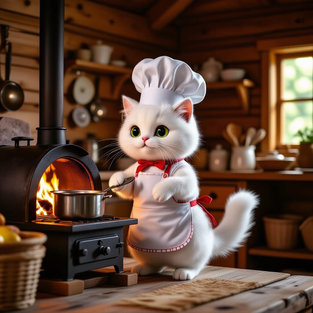 Whimsical Cat Chef Cooks in Cozy Cabin