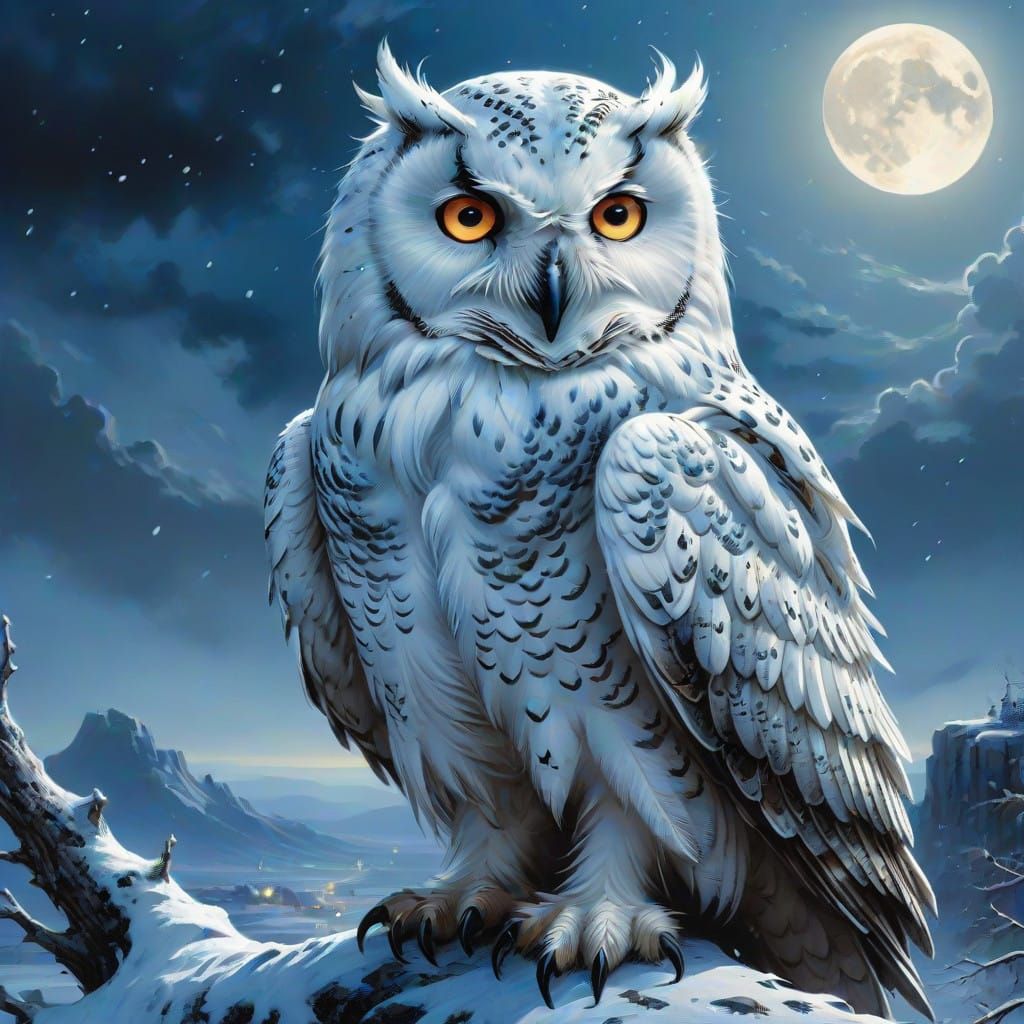 Surreal Snow Owl Basks in the Shadowy Allure of a Blue Hour....