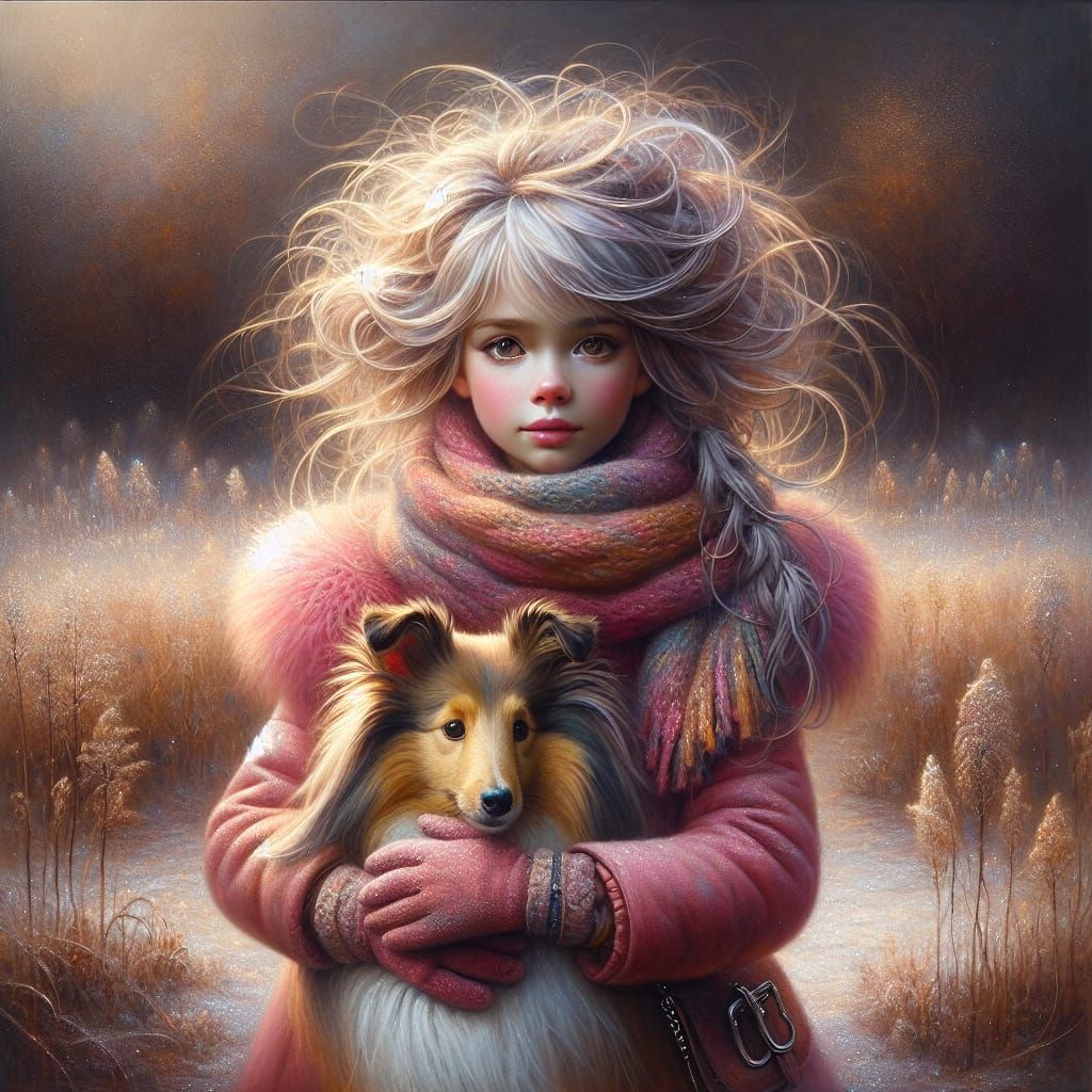 Girl and Dog in Snowy Oil Painting