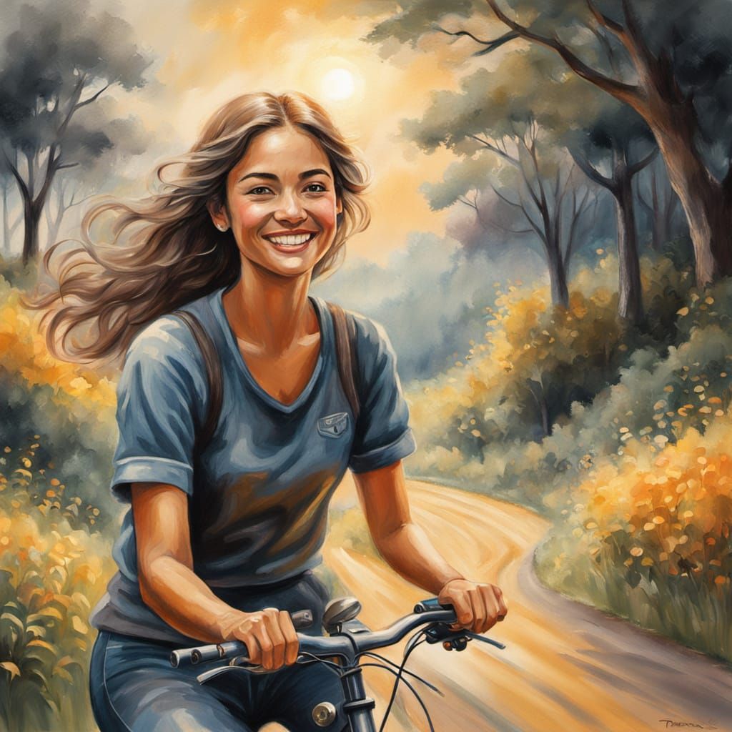 Woman Cycling in Countryside: Impasto Gouache Charcoal Drawi...