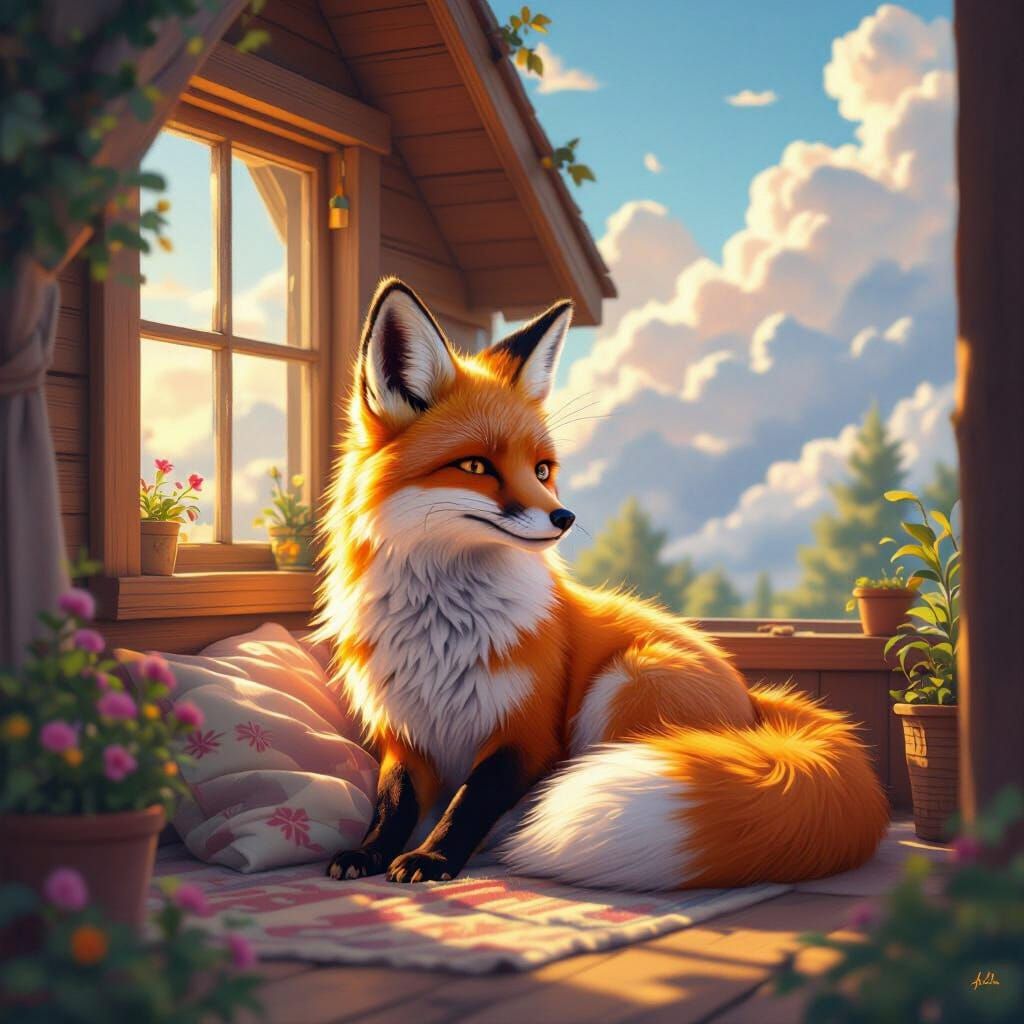Neon Fox in Cozy House with Divine Sunshine