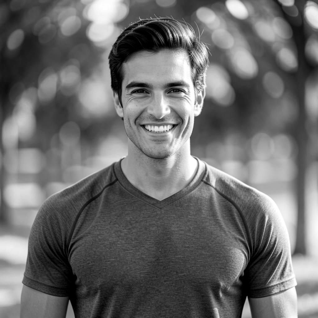 Man in Gym Clothes Smiling in Professional Photography