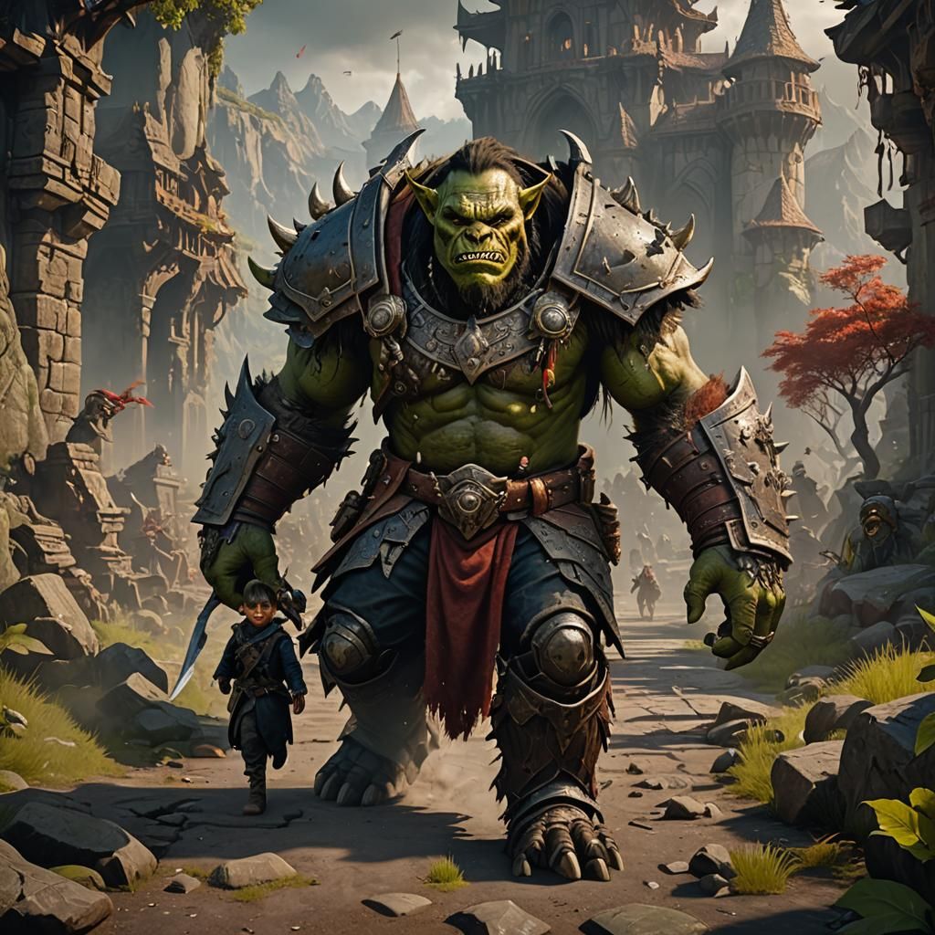 Orc General Approaching Boy: Fantasy Concept Art