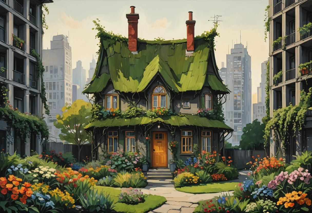 Fauvist Cityscape: Cottage Garden vs. Brutalist Architecture