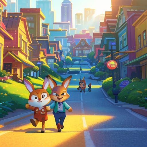 Judy Hopps and Nick Wilde in Zootopia in Pixar Style