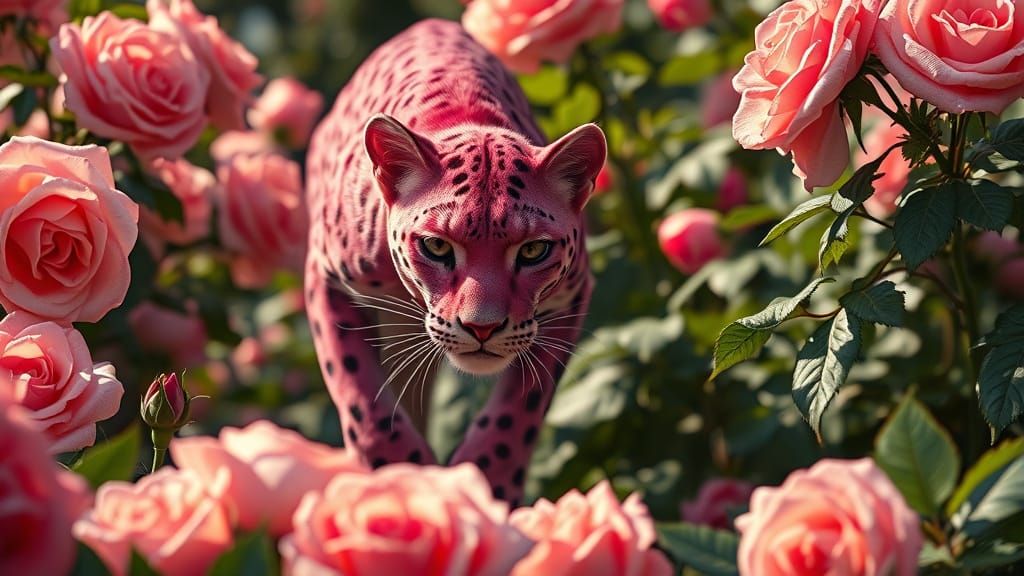 Hyperrealistic Pink Panther in Tudor Rose Garden