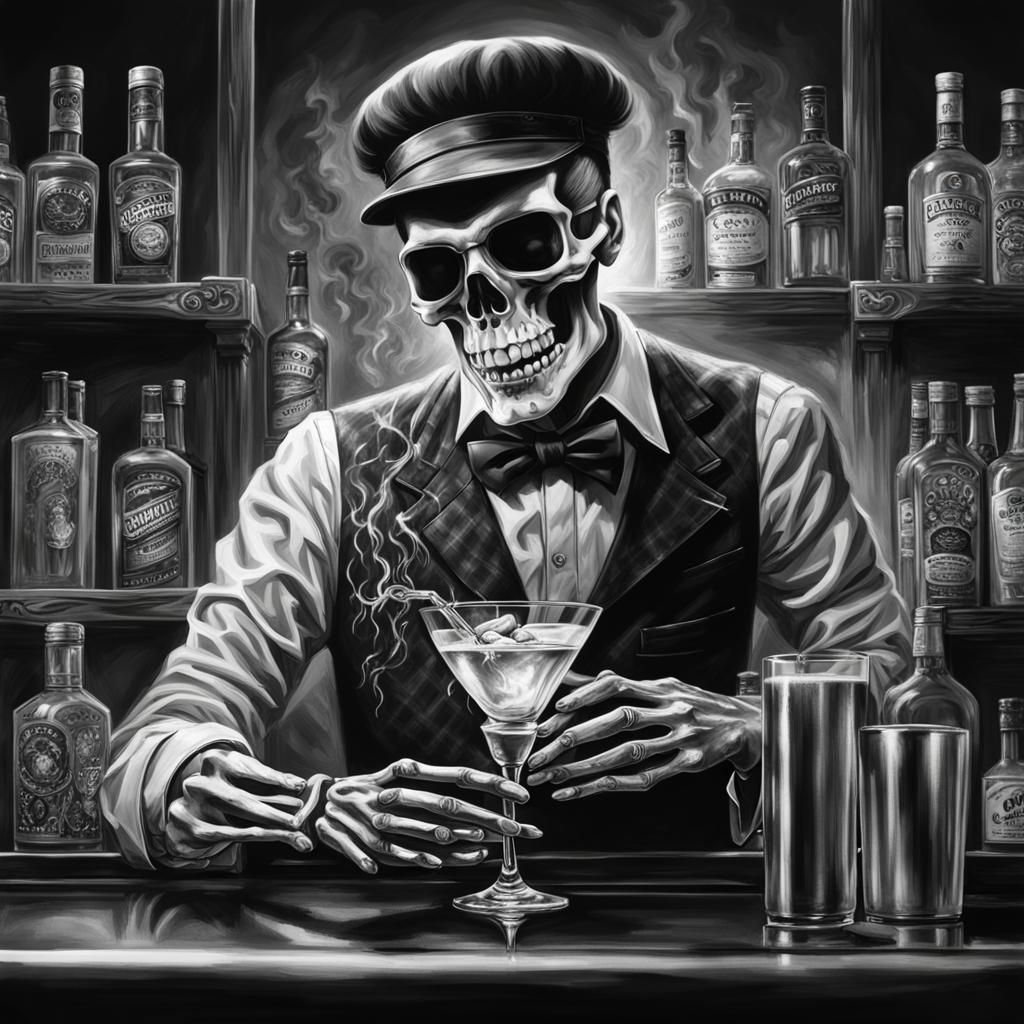Skeleton Bartender Mixing Cocktail in Black and White