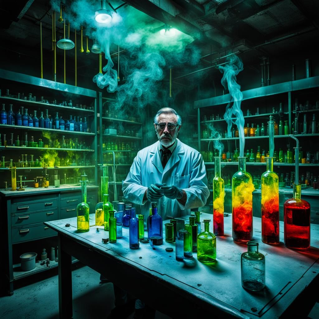 Sinister Scientist in Laboratory with Flashing Electricity