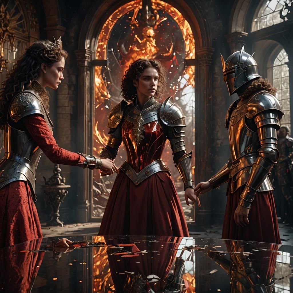 Queen and Knight Reflection with Amber Flames