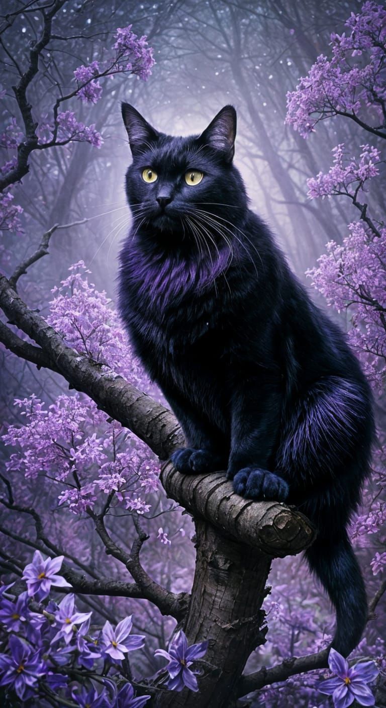 Whimsical Purple Forest Scene with Winged Feline