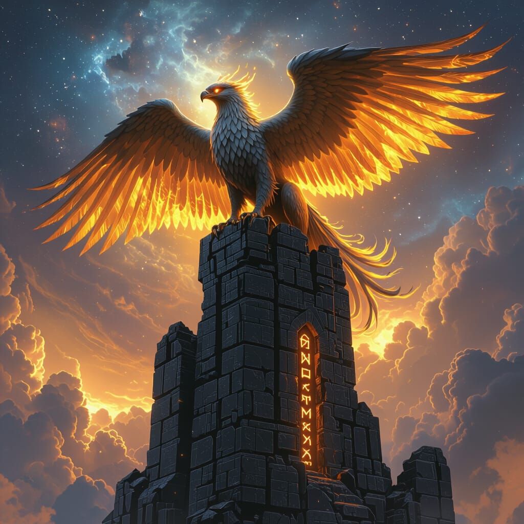Majestic Griffin on Obsidian Tower in Nebula Sky