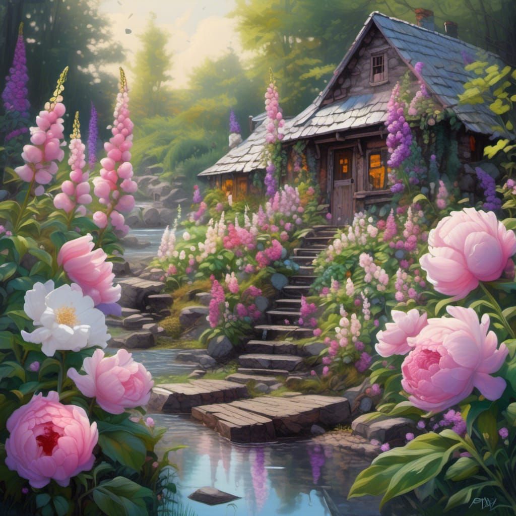 Cabin Garden with Foxgloves and Peonies in Graffiti Art
