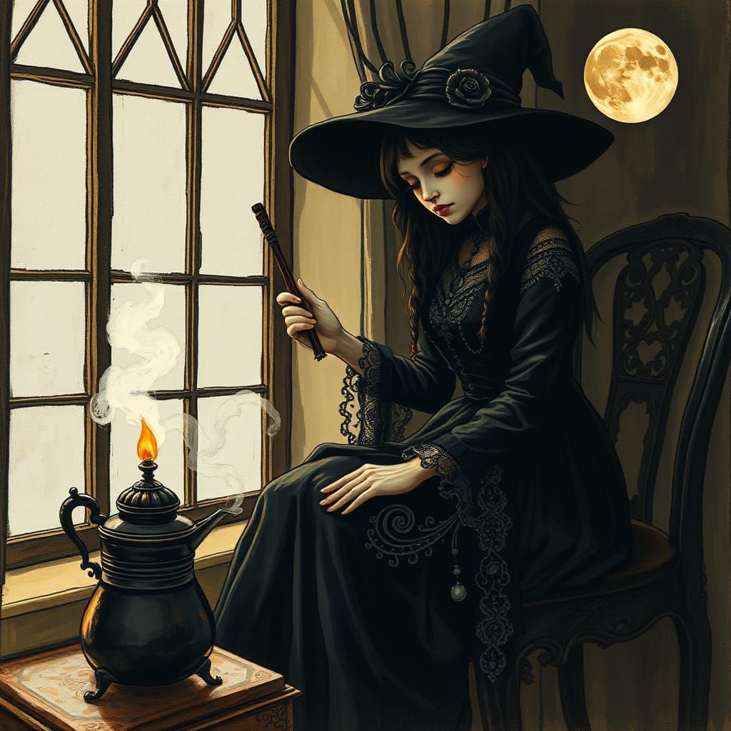 Victorian Witch Brews Magic Coffee: Fairytale Illustration