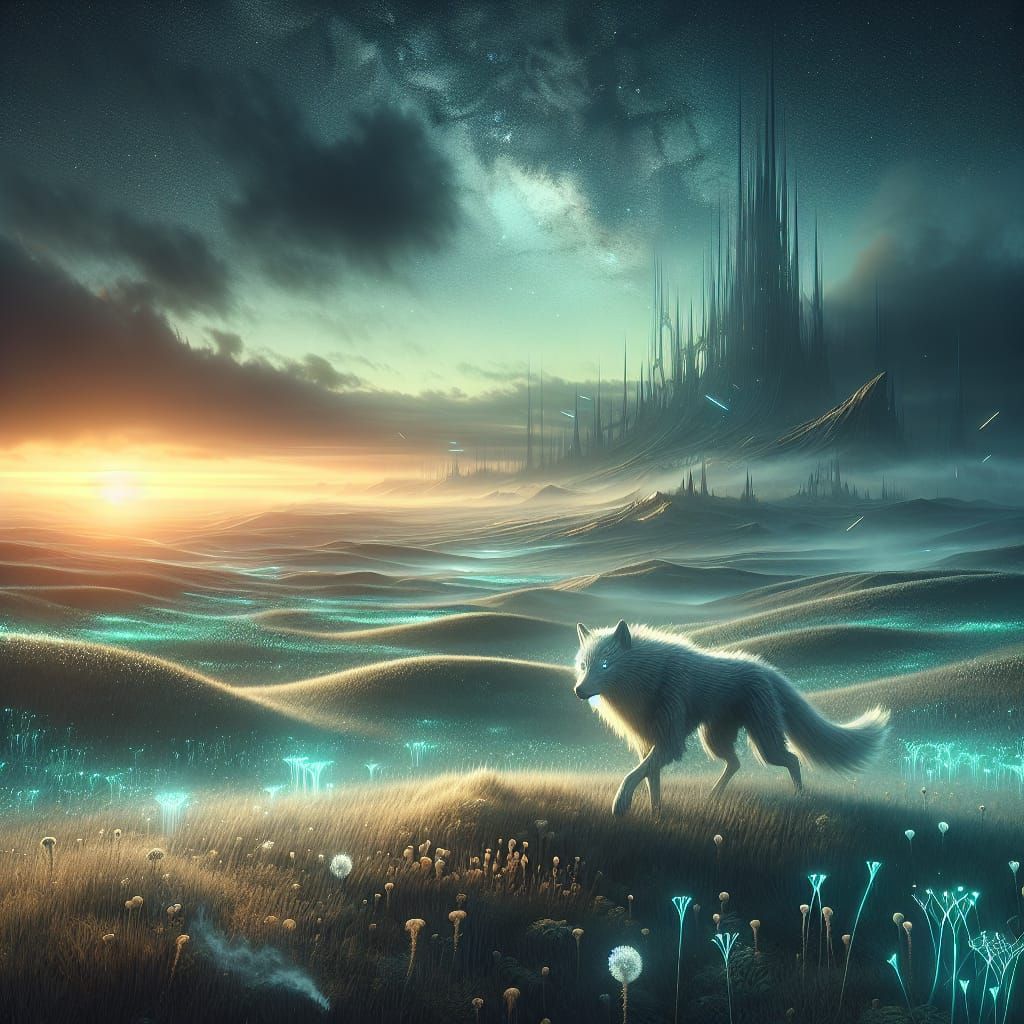 Cyborg Wolf Wanders Alien Planet as Digital Painting