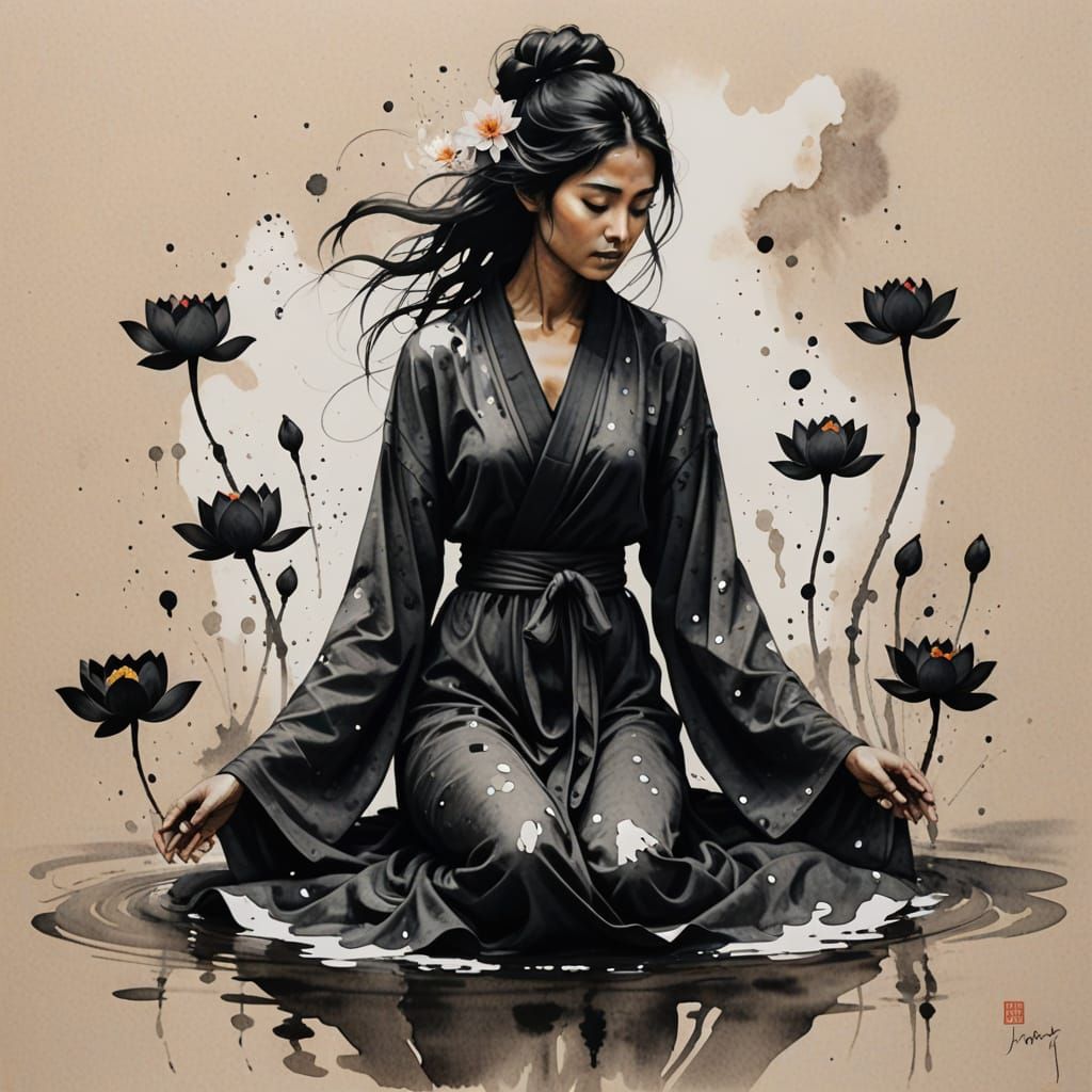 Ethereal Woman Dissolving into Ink Painting