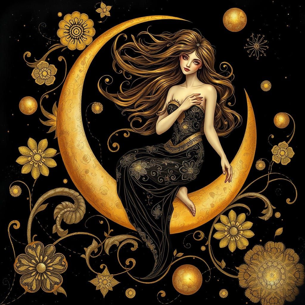Gilded Goddess on Cosmic Crescent