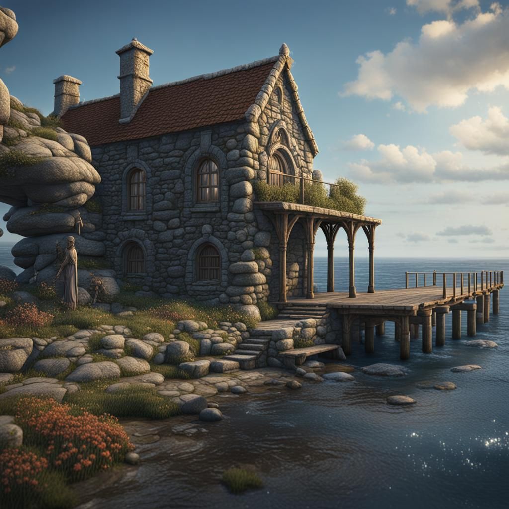 Seaside Stone Cottage: Detailed Fantasy Matte Painting