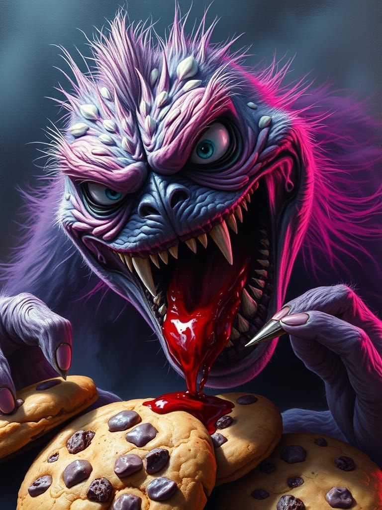 Horror Cookie Monster with Sharp Teeth as Detailed Painting