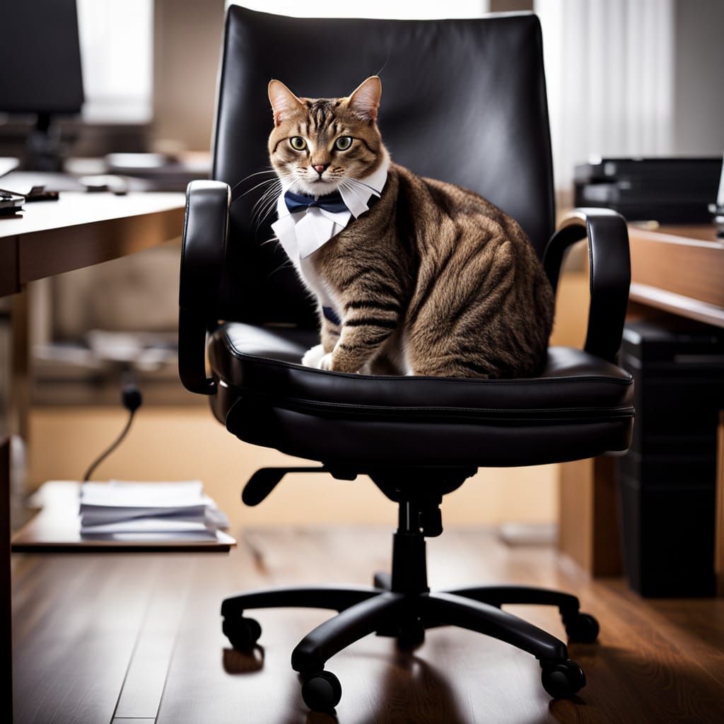 Humorous Cat in Office Chair with Tie