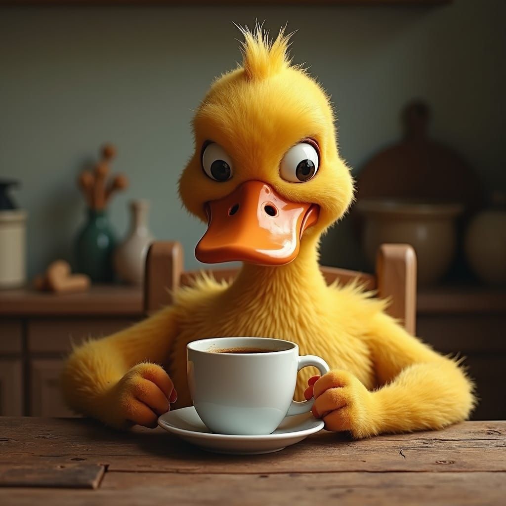 Irritated Anthropomorphic Duck Drinks Coffee