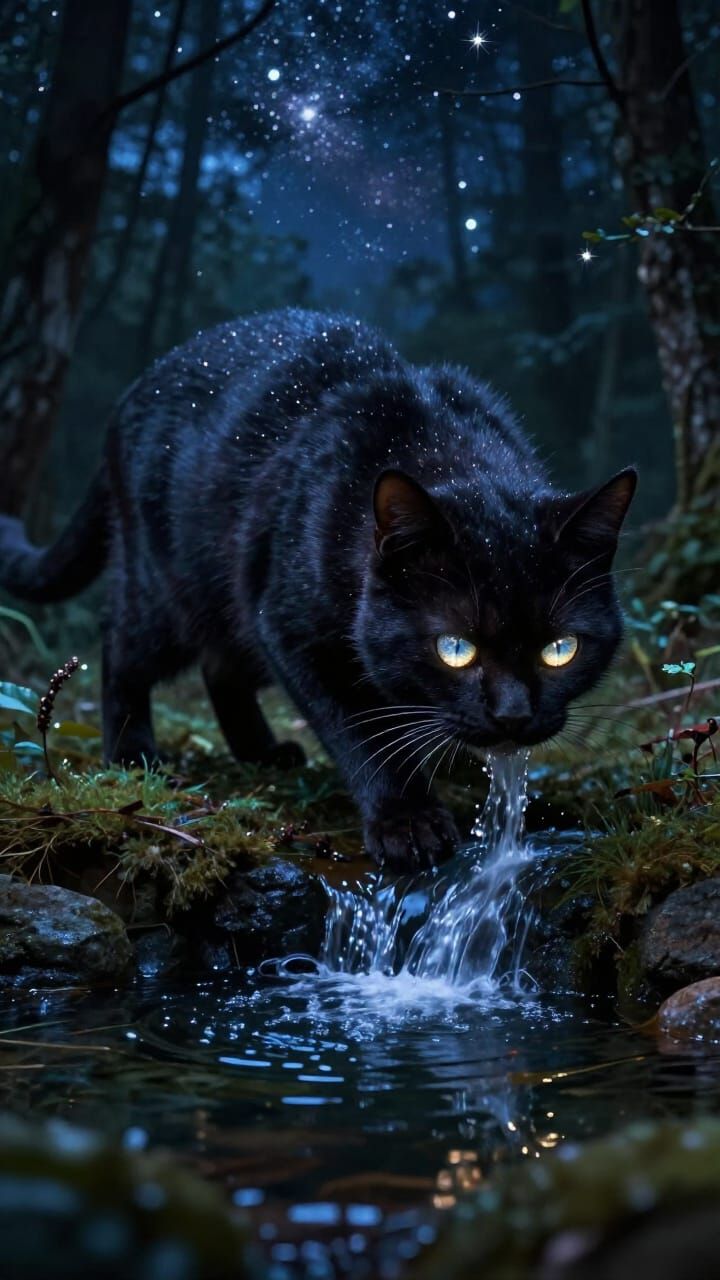 Forest Clearing at Night With Giant Starlight Cat