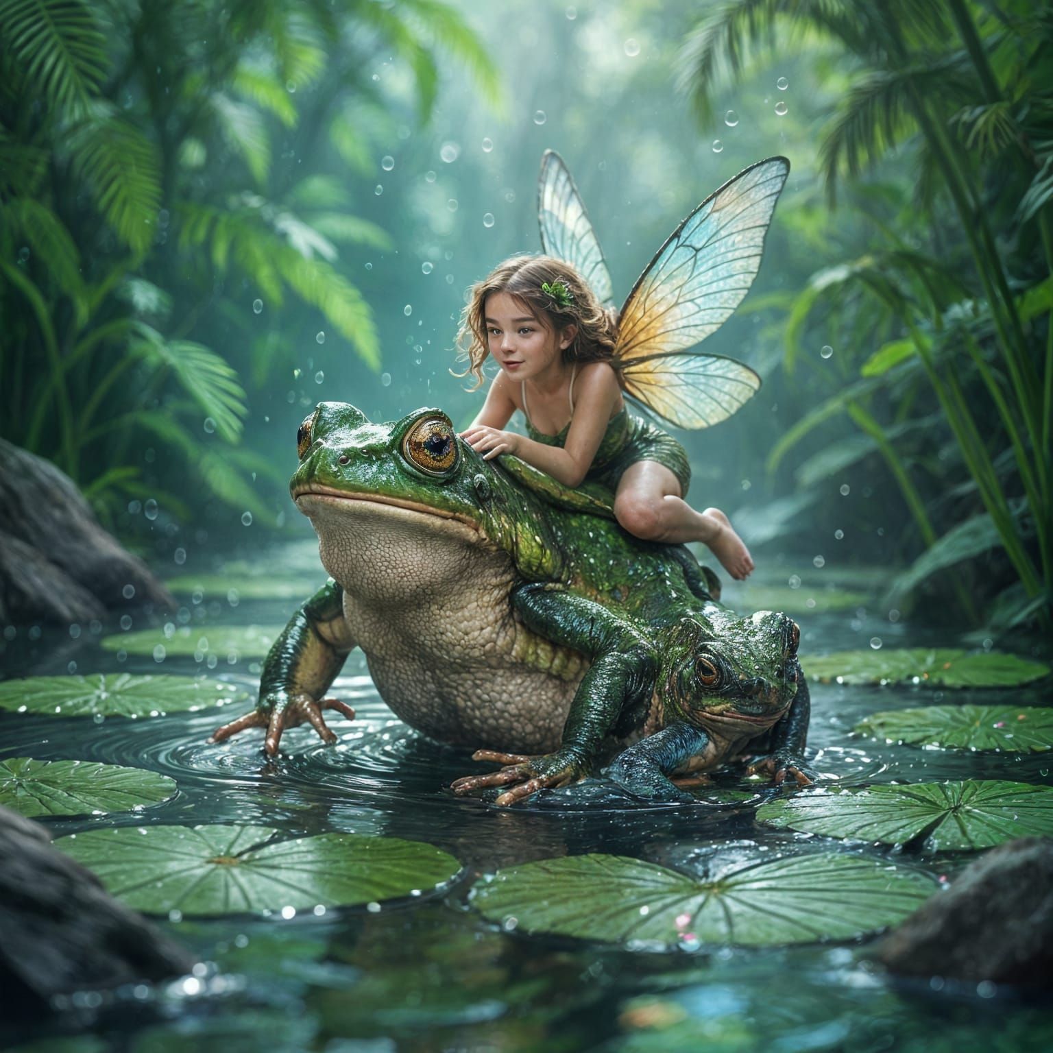 Laughing Fairy Riding Toad in Fantasy Painting