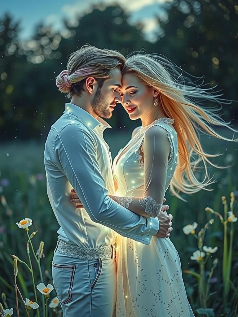 Glowing Wizard Couple Embrace in Cosmic Meadow