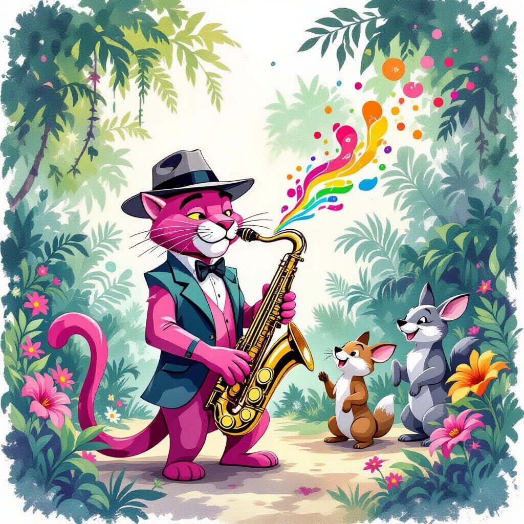 Pink Panther's Rainbow Saxophone Recolor, in Watercolor Styl...