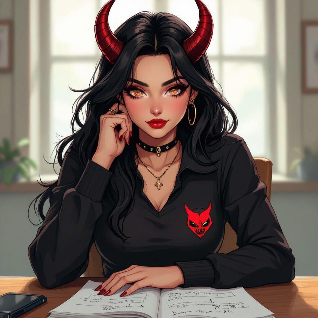 Female Demon College Student in Comic Style