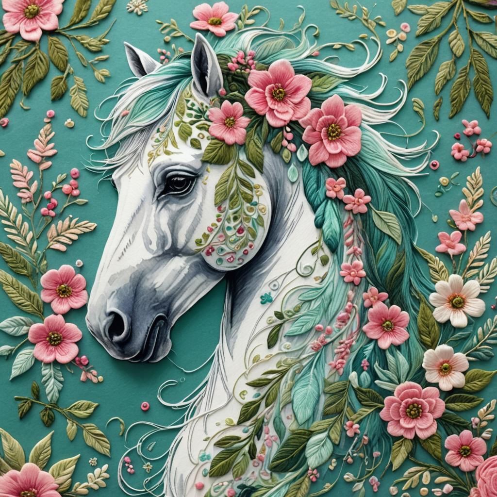 Floral Horse Head Embroidery Art in Watercolor Style