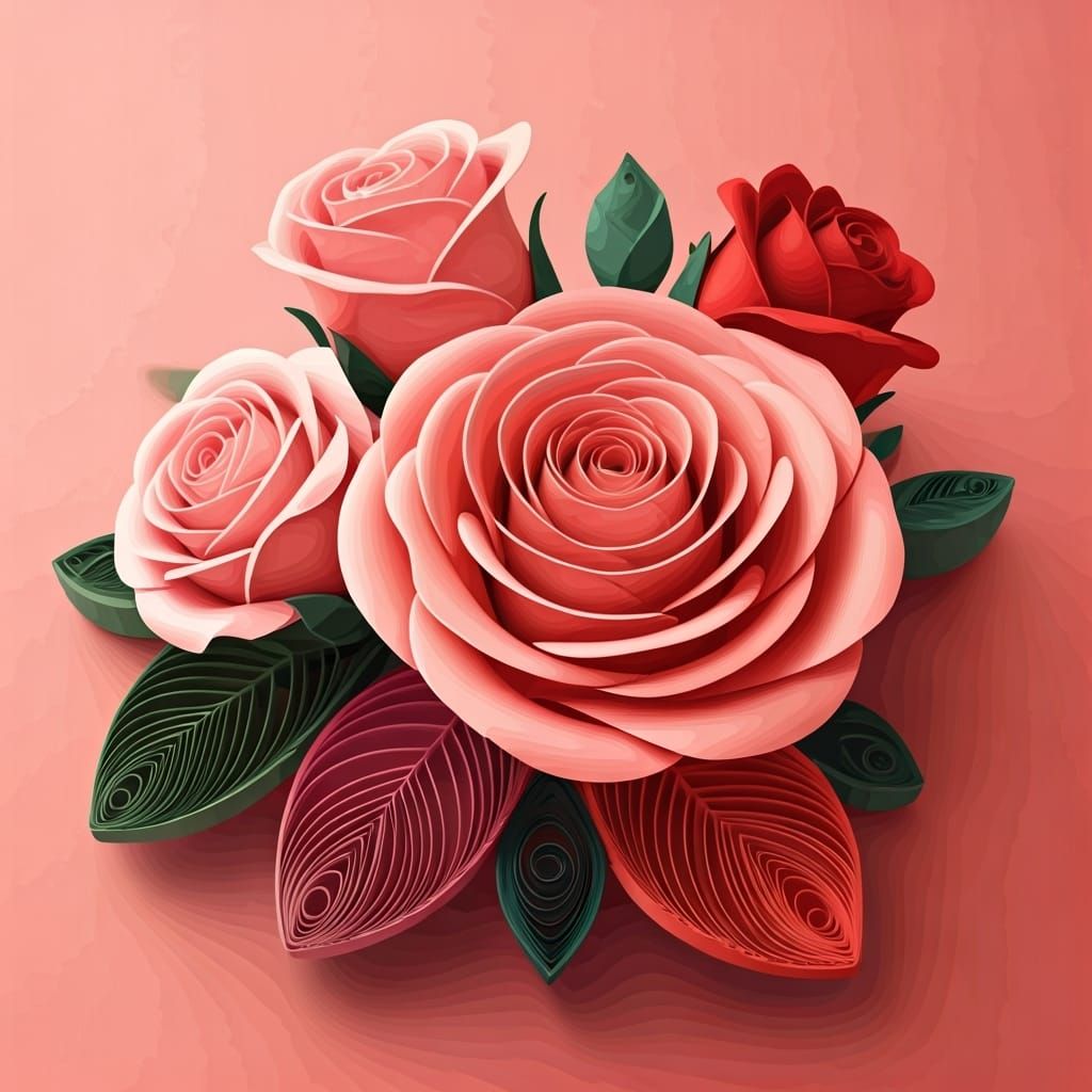 Pink and Red Roses in Quilling Papercraft Style