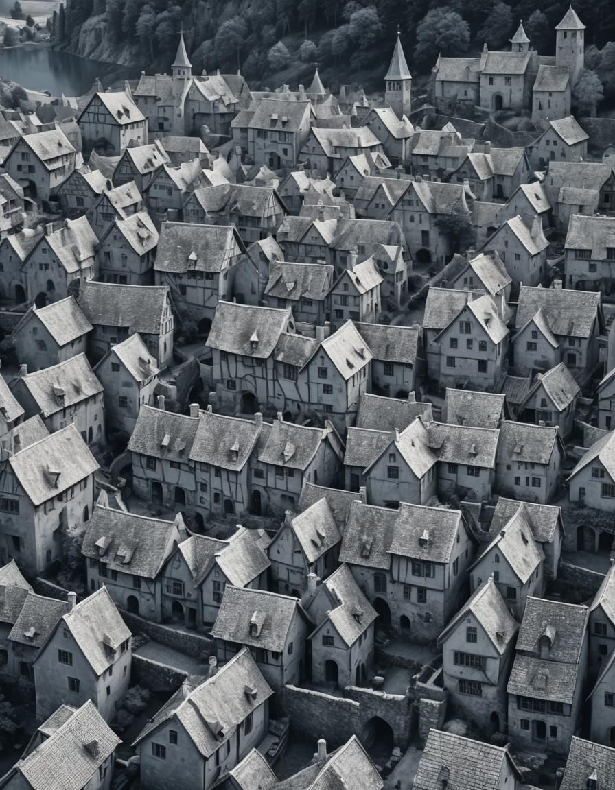 Monochromatic Blue Medieval Village Scene