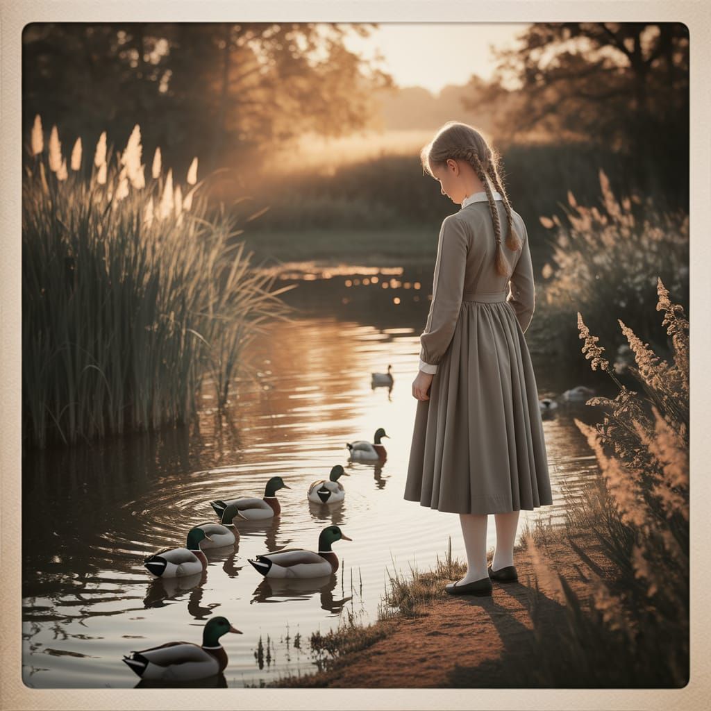 Girl by Duck Pond in Vintage Watercolor Style