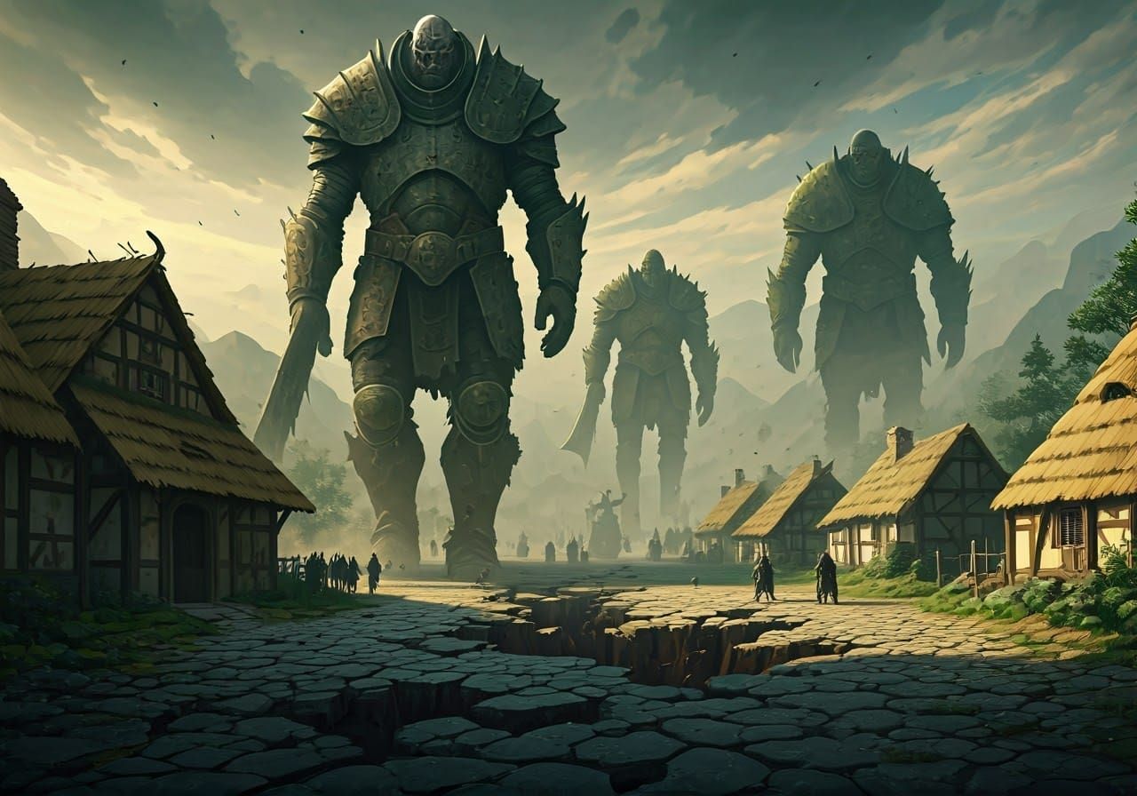 Colossal Armored Giants Destroy Rustic Town