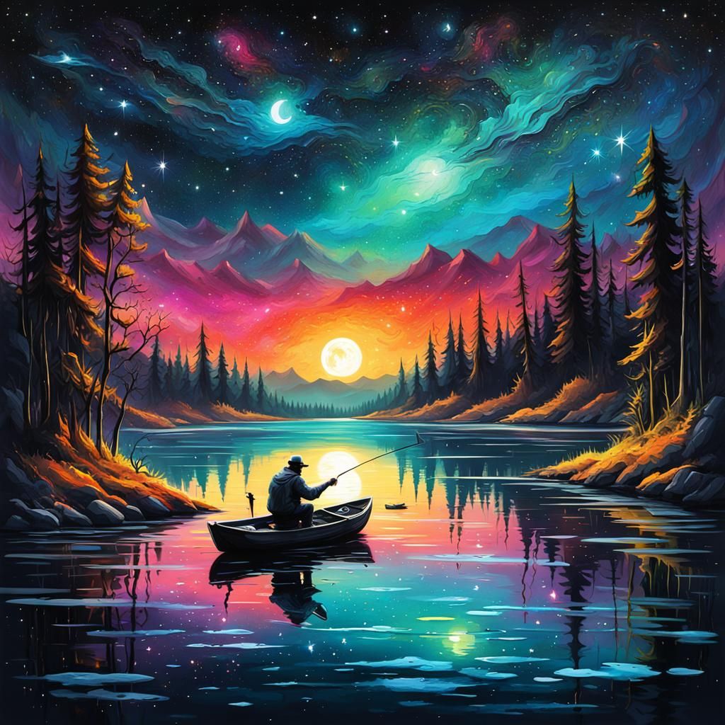 Lone Fisherman on Starry Lake: Graffiti Art Style