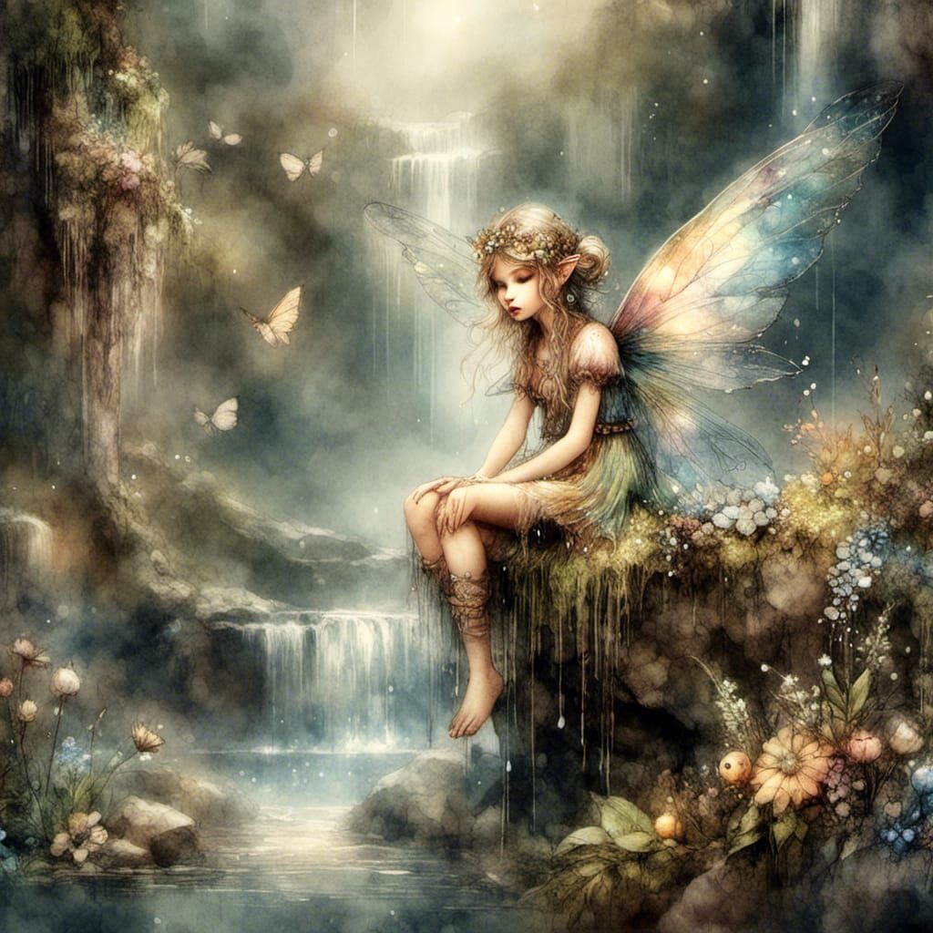 Fairy Cave Girl at Waterfall in Watercolor Style