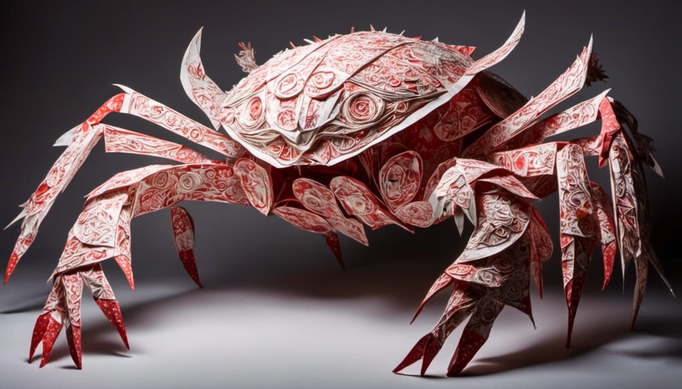 <lora:Paperwork :1.0> giant crab monster whose shell is painted with strange glyphs
