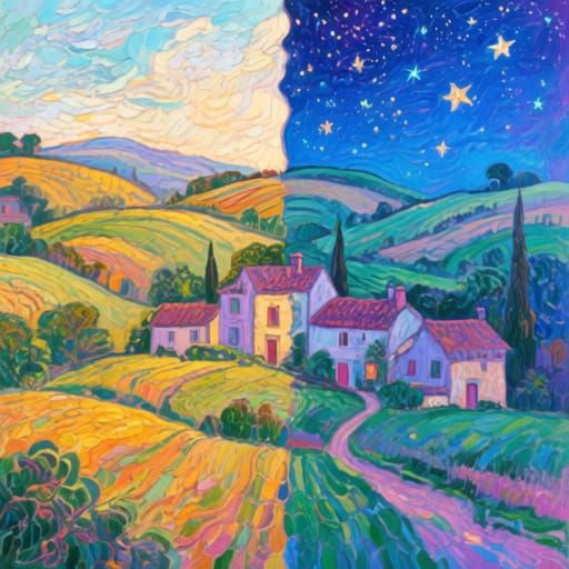 French Countryside: Day Meets Night in Impressionist Style