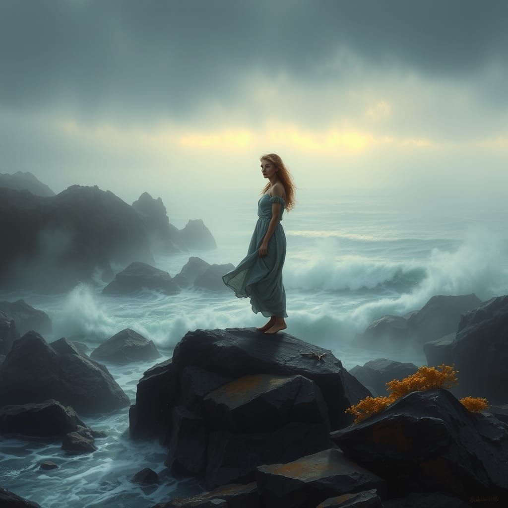 Woman on Coastline in Realistic Painting Style
