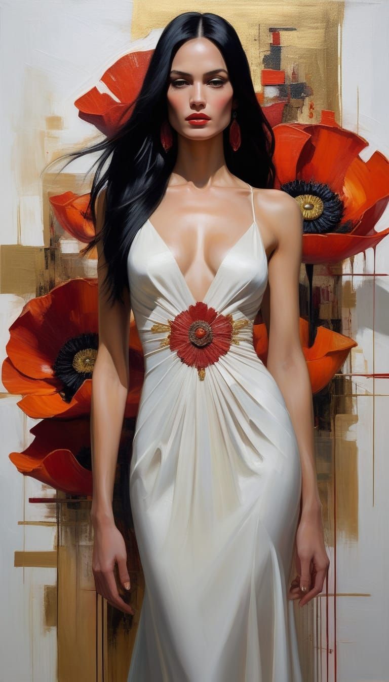 Art Deco Woman with Poppy Print in Impasto Style