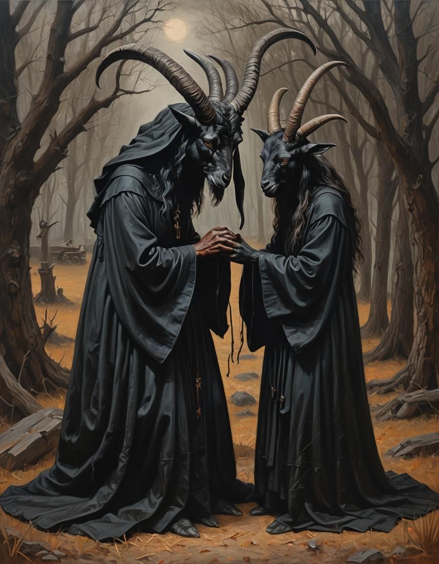 Baphomet Comforts Witch in Dark Folk Horror Art